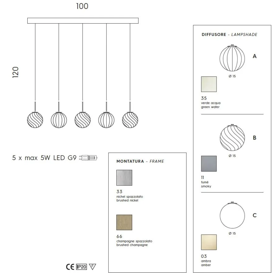 BALOU 5-flammige Glas-Pendelleuchte