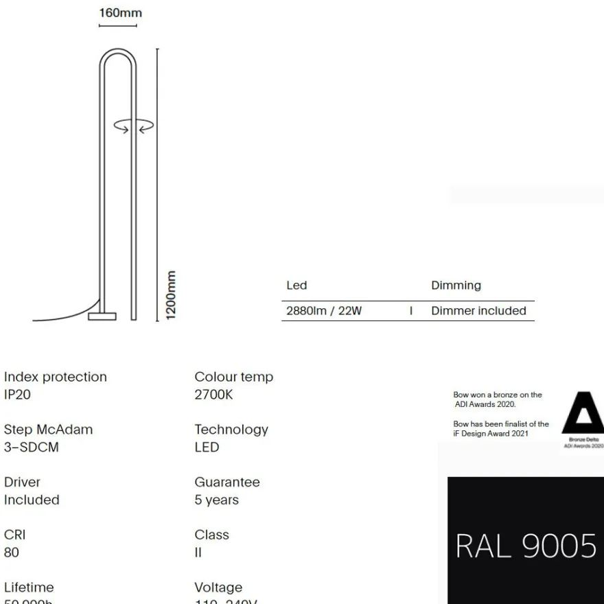 BOW Design Stehlampe mit Dimmer
